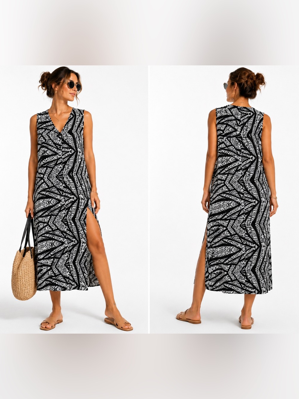 Three Eighty Two Geometric Print Sleeveless Midi Dress Size M